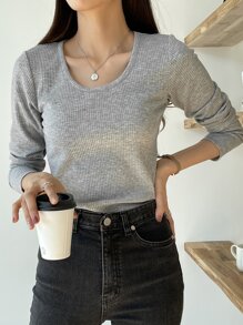 DAZY Áo thun dệt kim trơn, quần áo mùa thu dài tay cho nữ - Xám - Xem 8