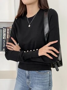 DAZY Button Cuff Round Neck Jumper - Black - View 4