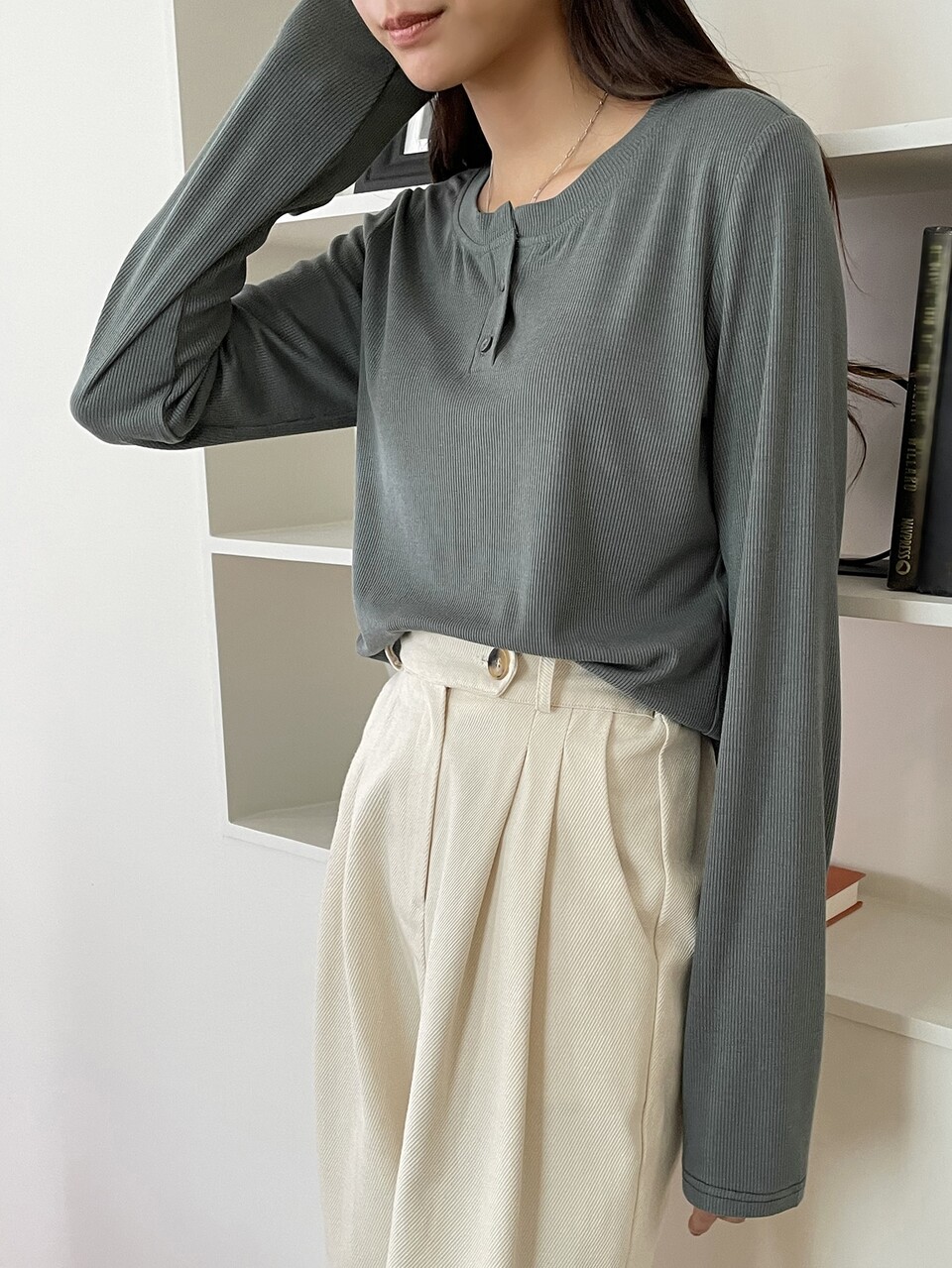 Quarter Button Ribbed Knit Tee