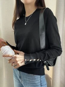 DAZY Button Cuff Round Neck Jumper - Black - View 5