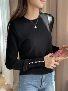 DAZY Button Cuff Round Neck Jumper - Black - View 6