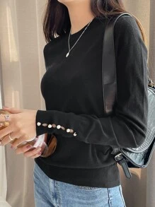 DAZY Button Cuff Round Neck Jumper - Black - View 8