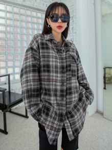 DAZY Plaid Print Drop Shoulder Shirt Long Sleeve Women - Multicolor - View 5