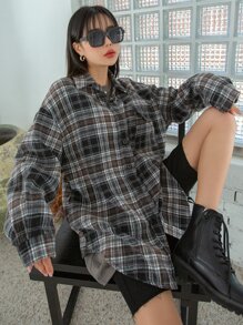 DAZY Plaid Print Drop Shoulder Shirt Long Sleeve Women - Multicolor - View 6