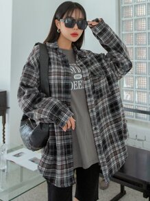 DAZY Plaid Print Drop Shoulder Shirt Long Sleeve Women - Multicolor - View 7