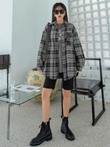 DAZY Plaid Print Drop Shoulder Shirt Long Sleeve Women - Multicolor - View 9