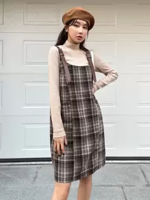 DAZY Plaid Print Overall Dress & Mock Neck Top