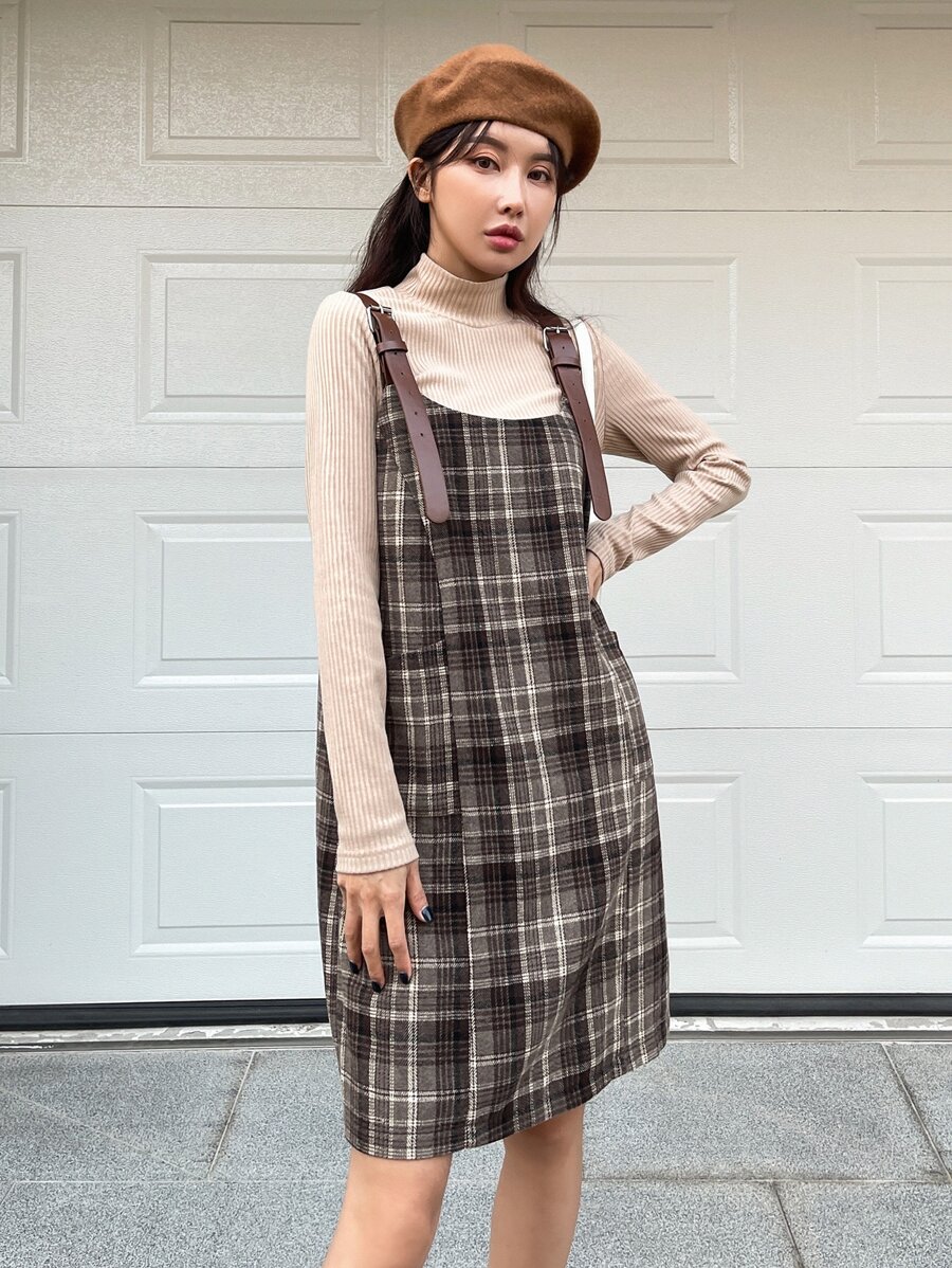 DAZY Plaid Print Overall Dress & Mock Neck Top