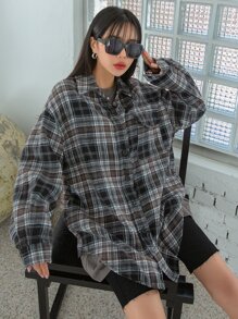 DAZY Plaid Print Drop Shoulder Shirt Long Sleeve Women - Multicolor - View 10