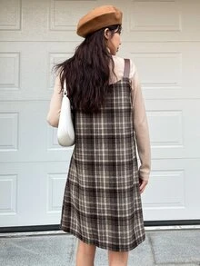 DAZY Plaid Print Overall Dress & Mock Neck Top