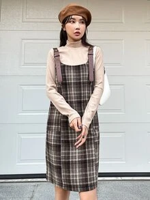 DAZY Plaid Print Overall Dress & Mock Neck Top