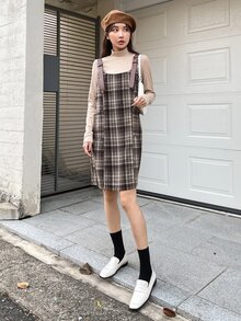 DAZY Plaid Print Overall Dress & Mock Neck Top