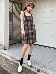 DAZY Plaid Print Overall Dress & Mock Neck Top