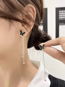 DAZY Pendientes largos con diseño de mariposa - Negro - Ver 1