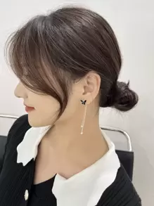 DAZY Pendientes largos con diseño de mariposa - Negro - Ver 3