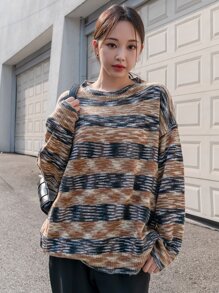 DAZY 段染落肩袖套頭毛衣 - 彩色 - 查看 1