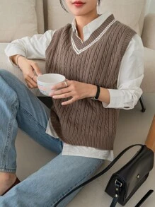 DAZY Striped Trim Cable Knit Sweater Vest Without Blouse - Mocha Brown - View 2