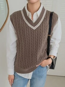 DAZY Striped Trim Cable Knit Sweater Vest Without Blouse - Mocha Brown - View 3