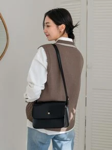 DAZY Striped Trim Cable Knit Sweater Vest Without Blouse - Mocha Brown - View 4