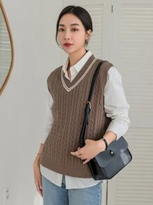 DAZY Striped Trim Cable Knit Sweater Vest Without Blouse - Mocha Brown - View 5