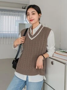 DAZY Striped Trim Cable Knit Sweater Vest Without Blouse - Mocha Brown - View 6