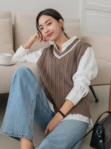 DAZY Striped Trim Cable Knit Sweater Vest Without Blouse - Mocha Brown - View 7