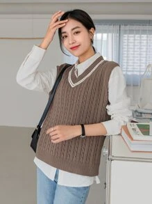 DAZY Striped Trim Cable Knit Sweater Vest Without Blouse - Mocha Brown - View 8