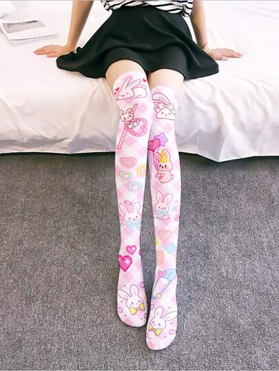 Cartoon Graphic Over The Knee Socks, Cozy
