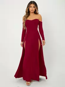SHEIN SXY Off Shoulder High Split Dress - Burgundy - View 1