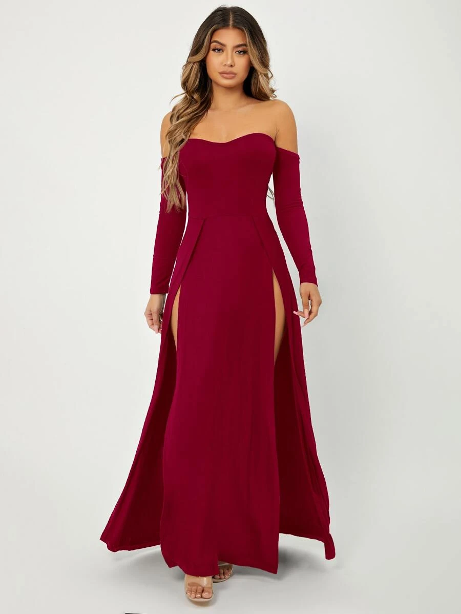 SHEIN SXY Off Shoulder High Split Dress - Burgundy - View 1