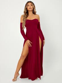 SHEIN SXY Off Shoulder High Split Dress - Burgundy - View 4
