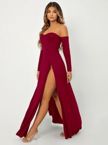 SHEIN SXY Off Shoulder High Split Dress - Burgundy - View 5