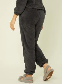 HautHeat Women's Dark Grey Flannelette Loungewear Pants With Pockets Casual Cozy Long Pants High Stretch Fabric Loungewear, Fluffy , Winter - Dark Grey - View 2