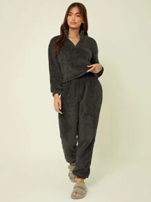 HautHeat Women's Dark Grey Flannelette Loungewear Pants With Pockets Casual Cozy Long Pants High Stretch Fabric Loungewear, Fluffy , Winter - Dark Grey - View 3