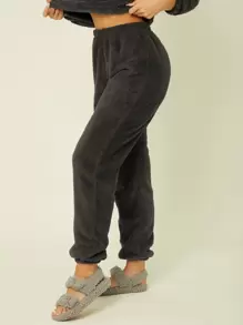 HautHeat Women's Dark Grey Flannelette Loungewear Pants With Pockets Casual Cozy Long Pants High Stretch Fabric Loungewear, Fluffy , Winter - Dark Grey - View 6