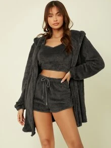 Crop Flannel Tank Top & Shorts And Hooded Robe Lounge Set - Dark Grey - View 1