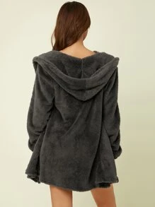 Crop Flannel Tank Top & Shorts And Hooded Robe Lounge Set - Dark Grey - View 2