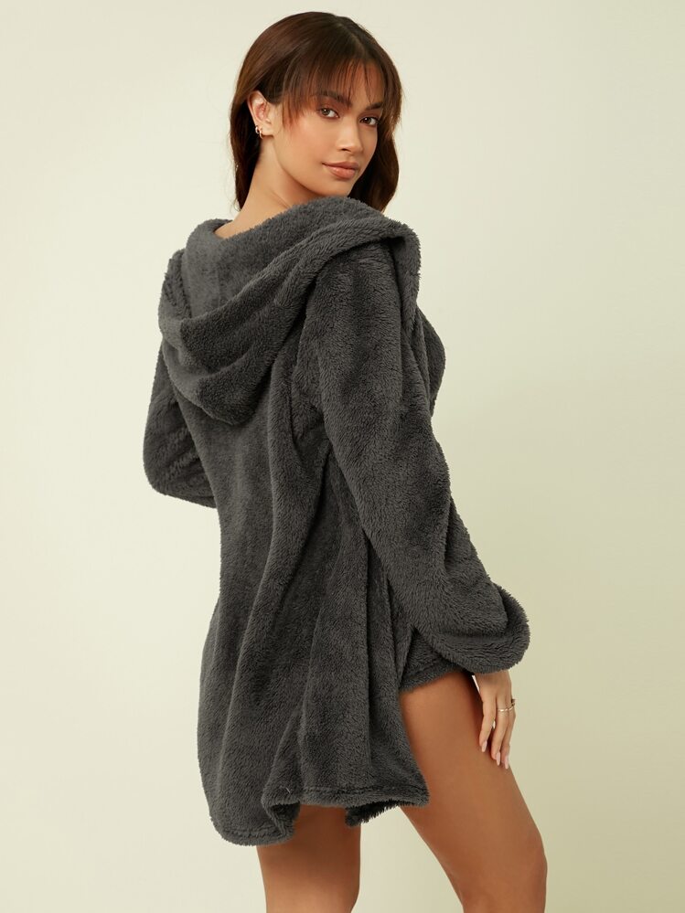 Crop Flannel Tank Top & Shorts And Hooded Robe Lounge Set - Dark Grey - View 3