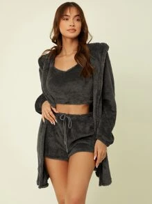 Crop Flannel Tank Top & Shorts And Hooded Robe Lounge Set - Dark Grey - View 4