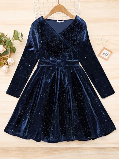 SHEIN Sparklyn Tween Girl Glitter Velvet Belted Flared Dress
