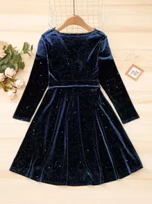 SHEIN Sparklyn 女孩金屬亮絲絲絨腰帶喇叭連衣裙 - 藏蓝色 - 查看 2