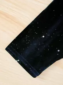 SHEIN Sparklyn 女孩金屬亮絲絲絨腰帶喇叭連衣裙 - 藏蓝色 - 查看 3