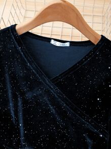 SHEIN Sparklyn 女孩金屬亮絲絲絨腰帶喇叭連衣裙 - 藏蓝色 - 查看 5