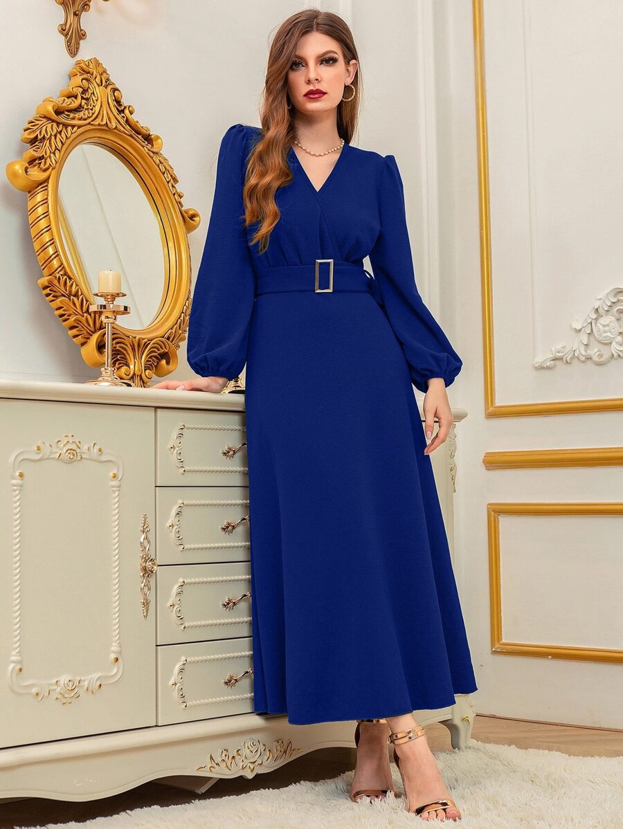 Modelyn Surplice Neck Lantern Sleeve Belted Dress - Royal Blue - View 1