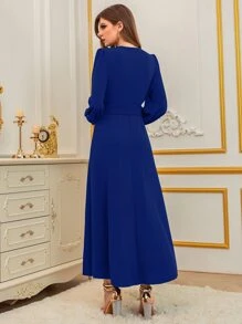 Modelyn Surplice Neck Lantern Sleeve Belted Dress - Royal Blue - View 2