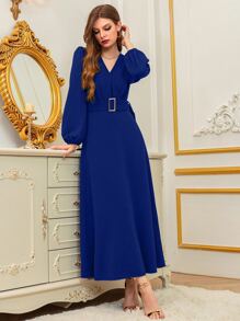 Modelyn Surplice Neck Lantern Sleeve Belted Dress - Royal Blue - View 4