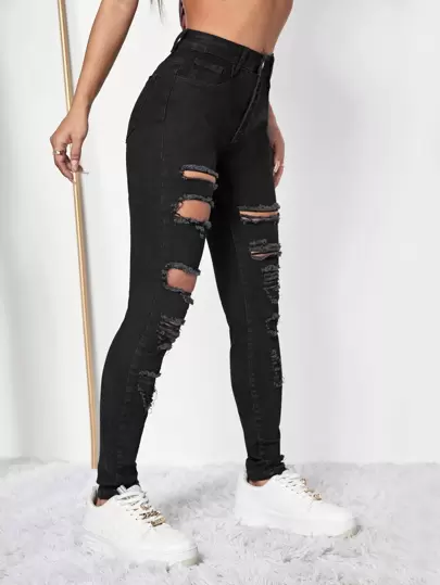 SHEIN ICON Ripped Cut Out Skinny Jeans
