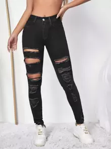 SHEIN ICON Ripped Cut Out Skinny Jeans - Black - View 2