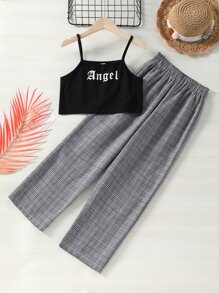 女孩字母圖案吊帶上衣和威爾斯親王格紋長褲 - 彩色 - 查看 1