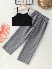 女孩字母圖案吊帶上衣和威爾斯親王格紋長褲 - 彩色 - 查看 2